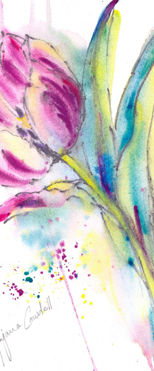 Tulip painting, floral art, purple flower, Contemporary art, watercolour, watercolor, loose painting by Anjana Cawdell