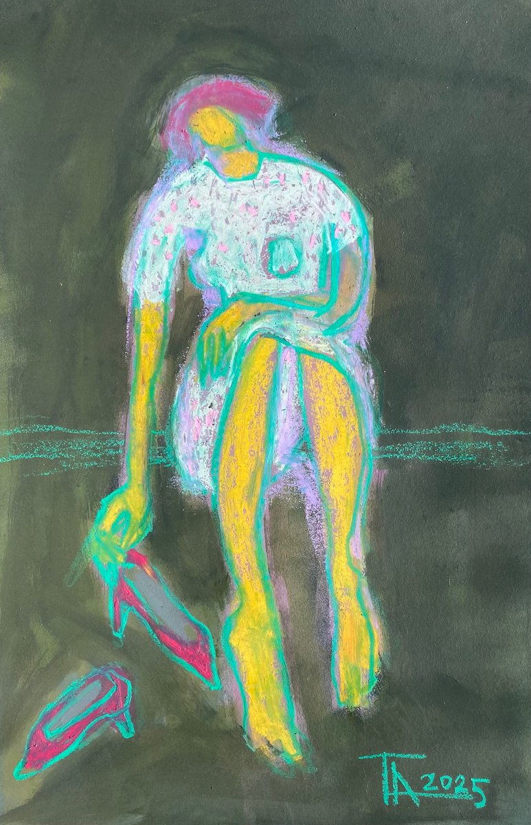 Expressive Portrait Pastel Drawing By Tatjana Auschew, 13 X 20", Woman With Red Pumps., Original Artwork