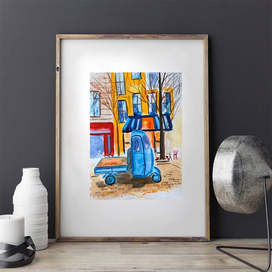 Car Painting Lorry Original Art Blue Truck Watercolor Artwork Cityscape Home Wall Art 8 by 12" by Halyna Kirichenko