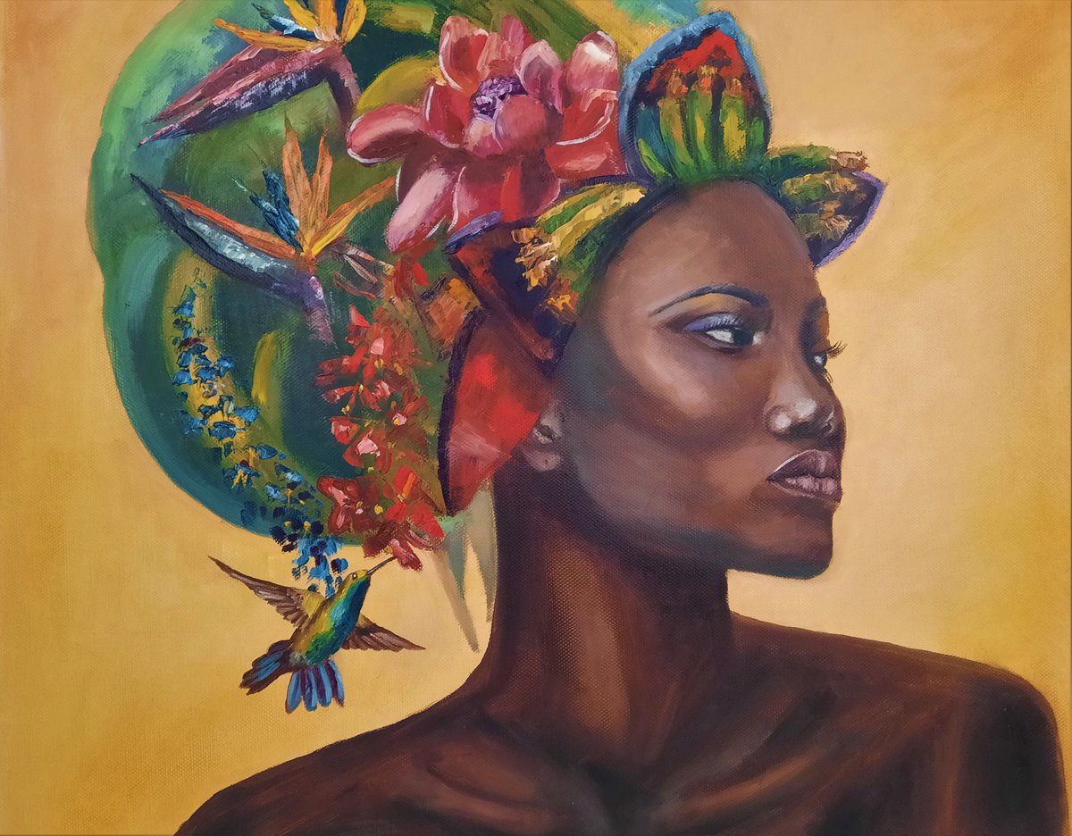 Exotic flower - dark-skinned girl in the image, a bright picture for the interior. by Elena Bondareva