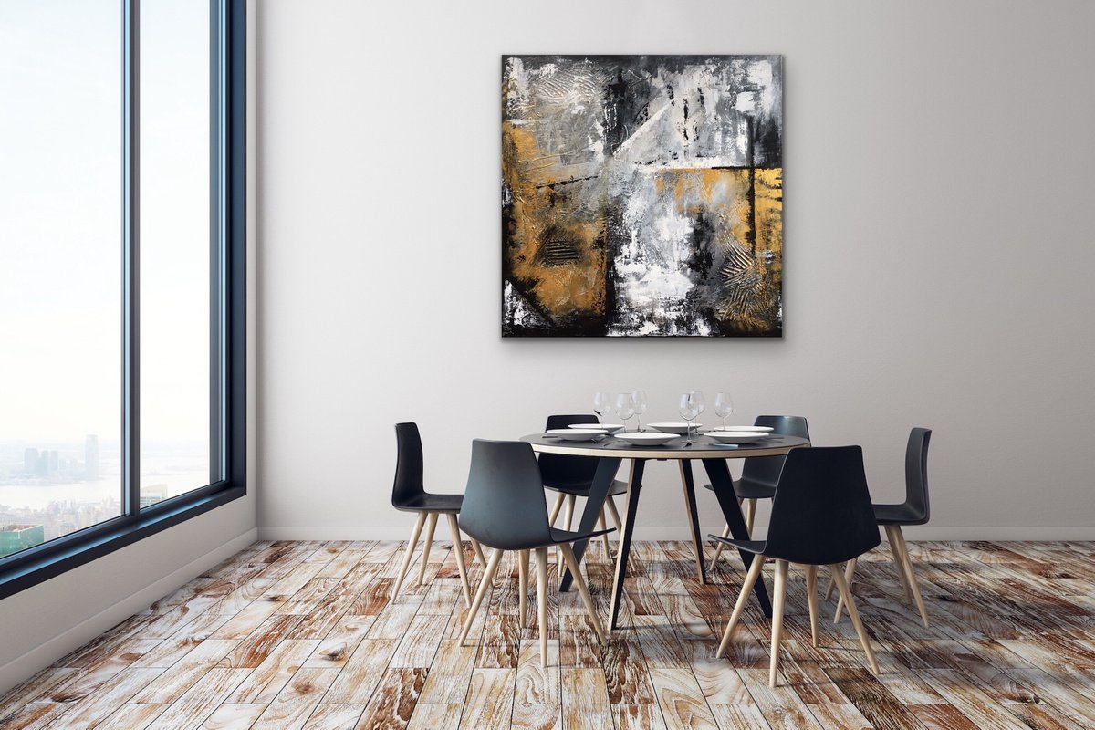 Old News - Abstract - Square - Black - Gold Ready to Hung Up by Alessandra Viola