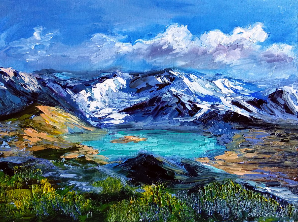 New Zealand Landscape Mountaints Lake Blue Sky National Park by Anastasia Art Line
