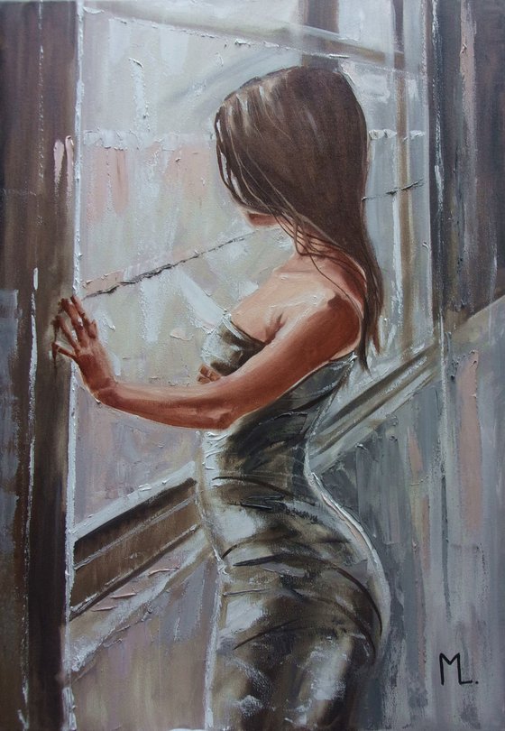 " I ONLY CHECK THE WEATHER ... "-  window liGHt  ORIGINAL OIL PAINTING, GIFT, PALETTE KNIFE (2021)