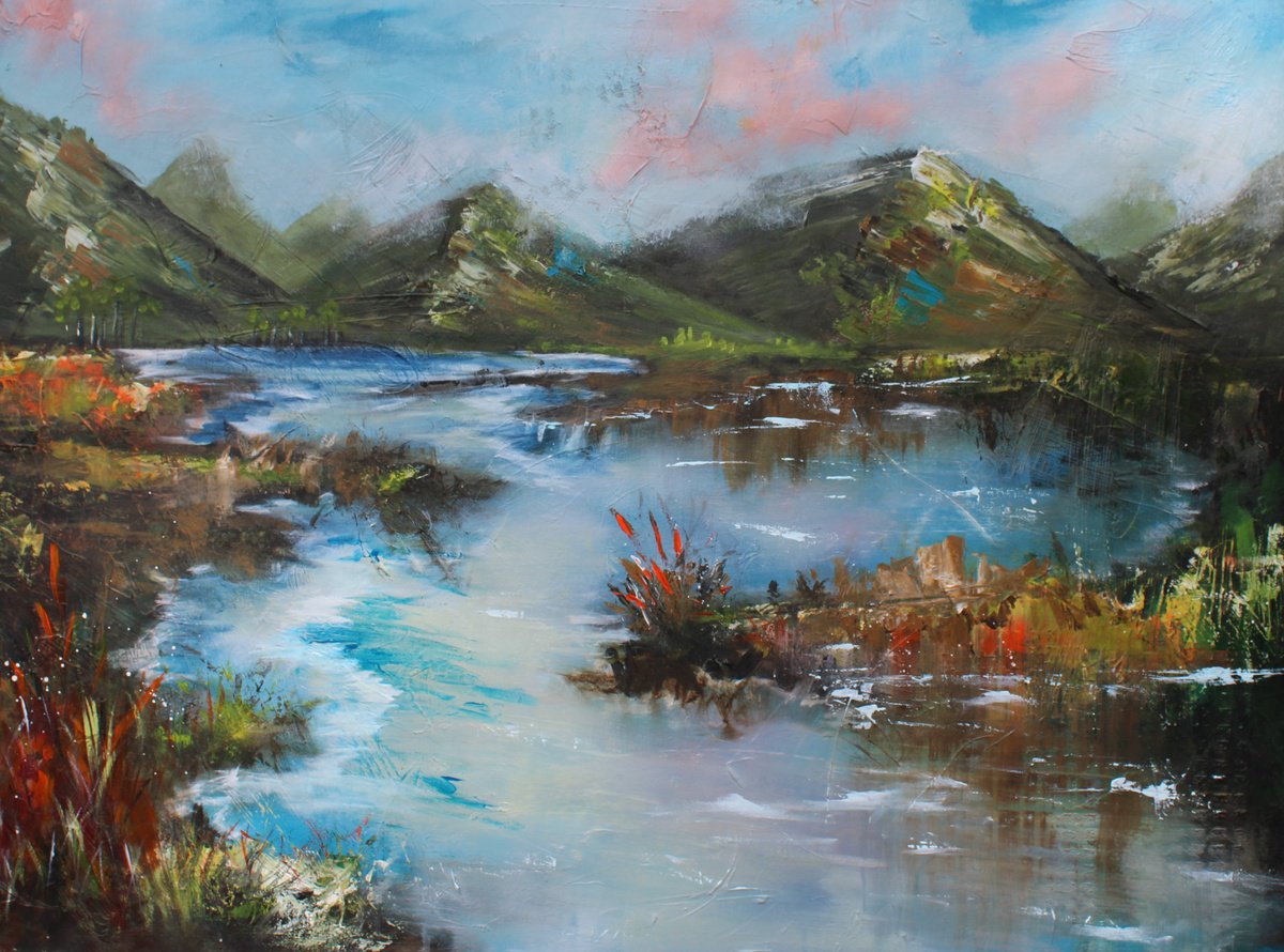 Impressionistic Landscape Acrylic Painting By Niyati Jiwani, 40 X 30", Silent Loch, Endless Sky, Original Artwork