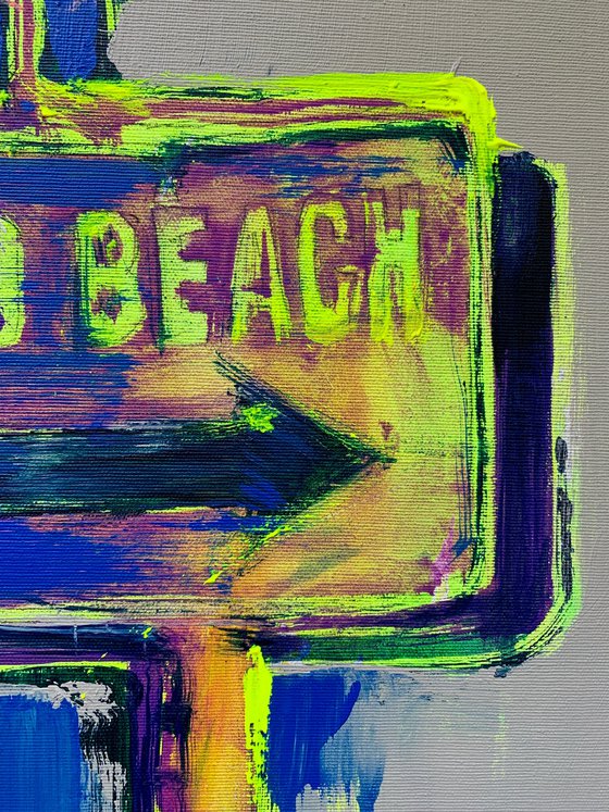 "To beach" - Vertical painting - Pop Art - Bird - Seagull - Miami - Purple&Yellow - Grey&Blue