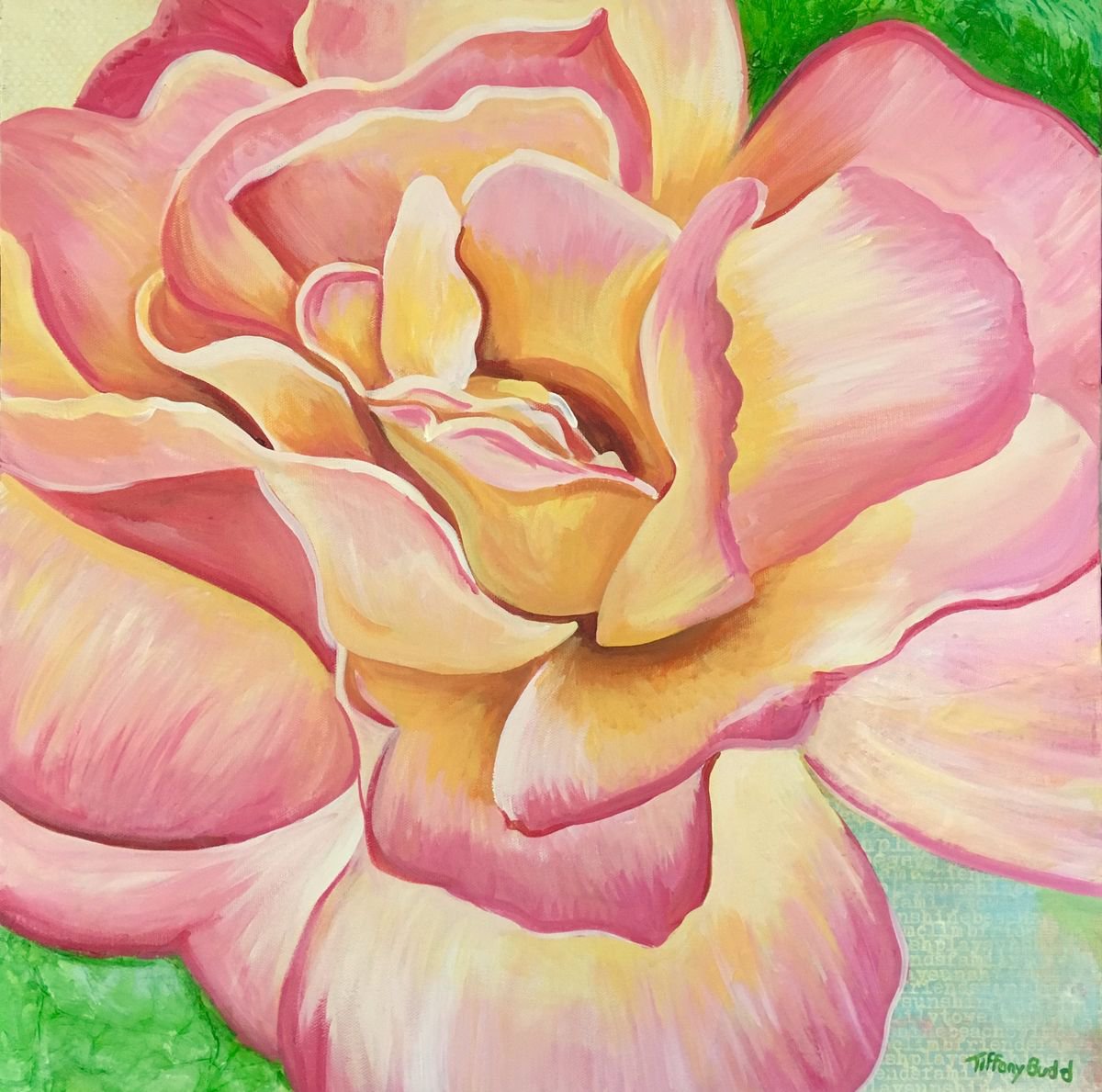 Impressionistic Botanical Acrylic Painting By Tiffany Budd, 20 X 20", Peace Rose, Original Artwork