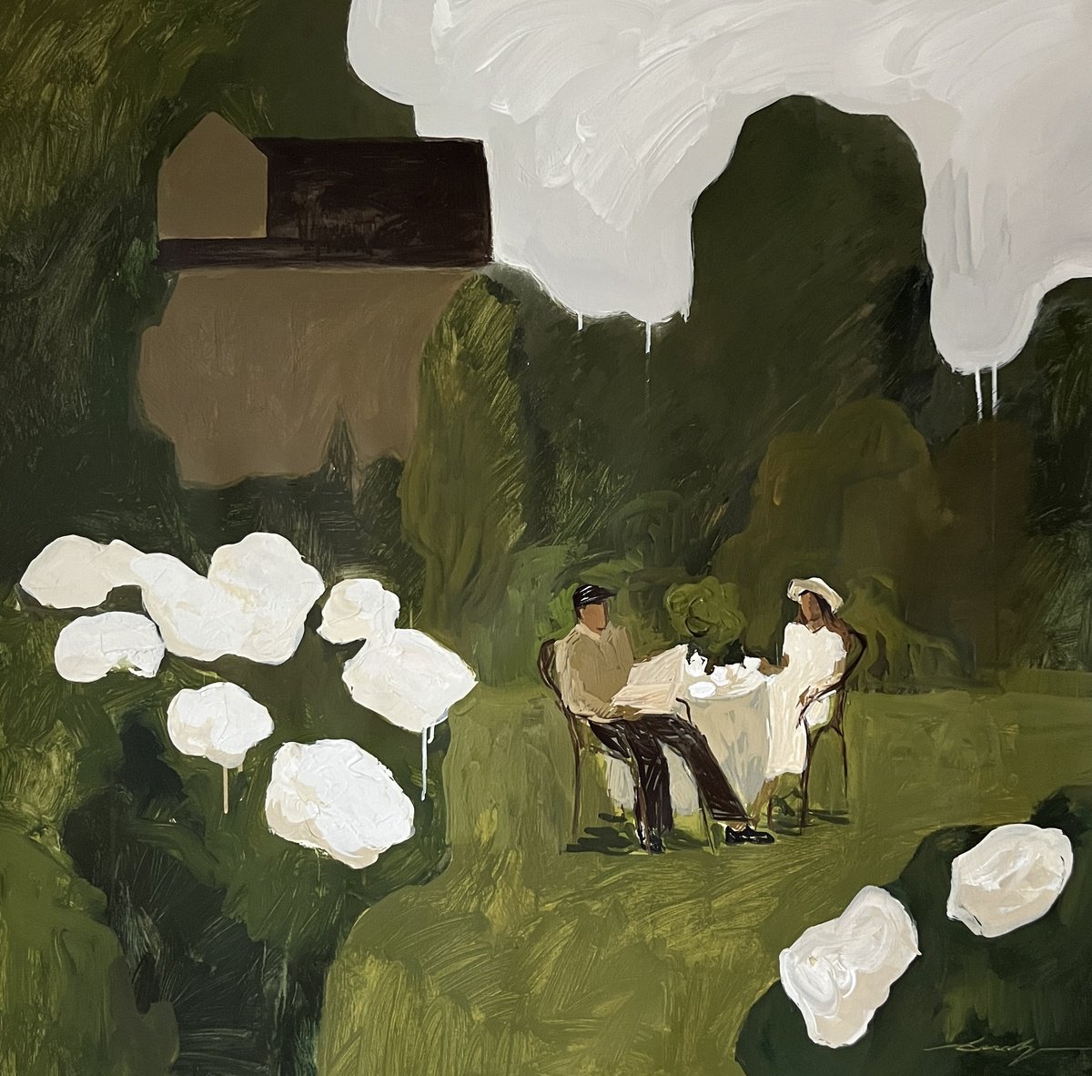 Naive Landscape Acrylic Painting By Jacob Burda, 36 X 36, «Time Of White Hydrangeas», Original Artwork