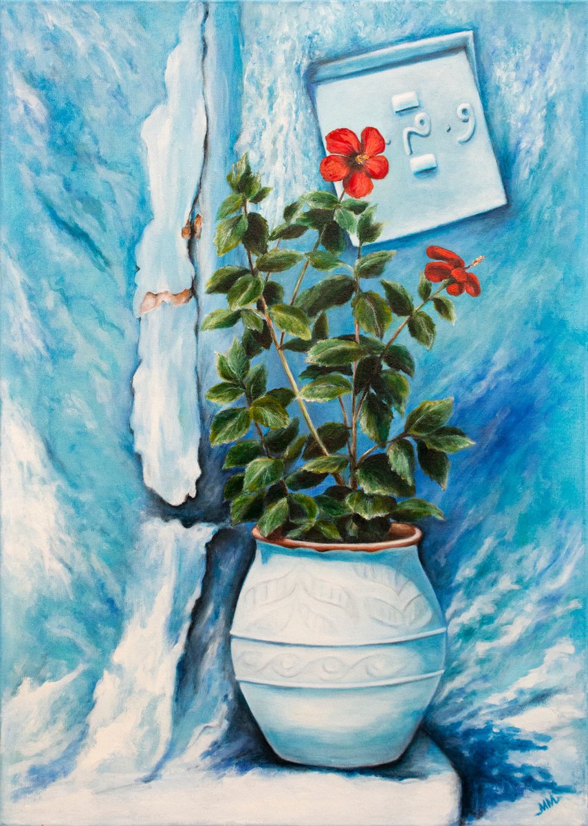 Impressionistic Cityscapes Oil Painting By Mila Moroko, 20 X 28", Greek Blue, Original Artwork