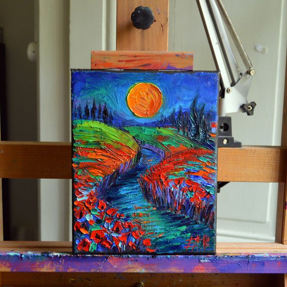 SUPERMOON AND POPPIES modern impressionist miniature palette knife oil painting on canvas