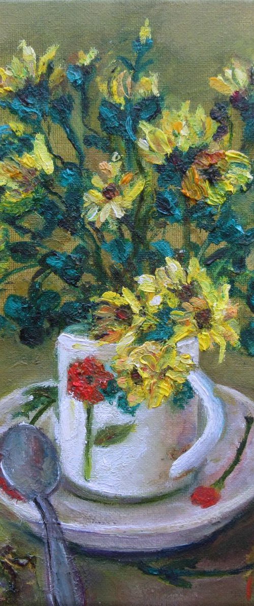 Crysanthemums Floral Impressionism Kitchen Art Household with Coffeecup Spoon Green Yellow Grapes Modern Still Life / Small Oil Painting 8x8in (20x20cm) Restaurant by Katia Ricci