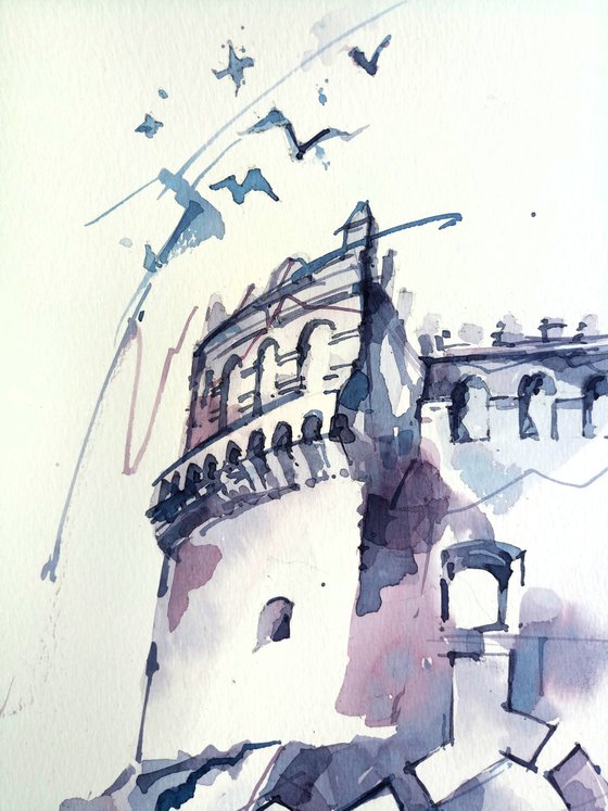 Dramatic architectural sketch "Castle in blue-gray tones" - Original watercolor painting