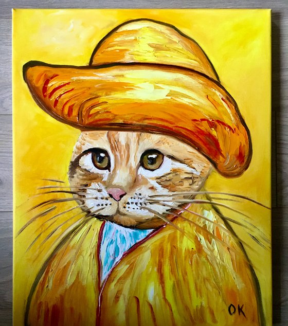 Cat in a straw hat with green eyes La Vincent Van Gogh inspired by self-portrait