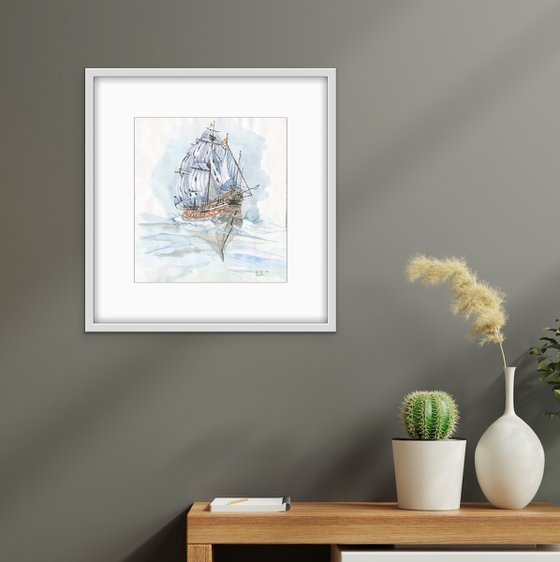 Ancient ship, watercolor. Original artwork.