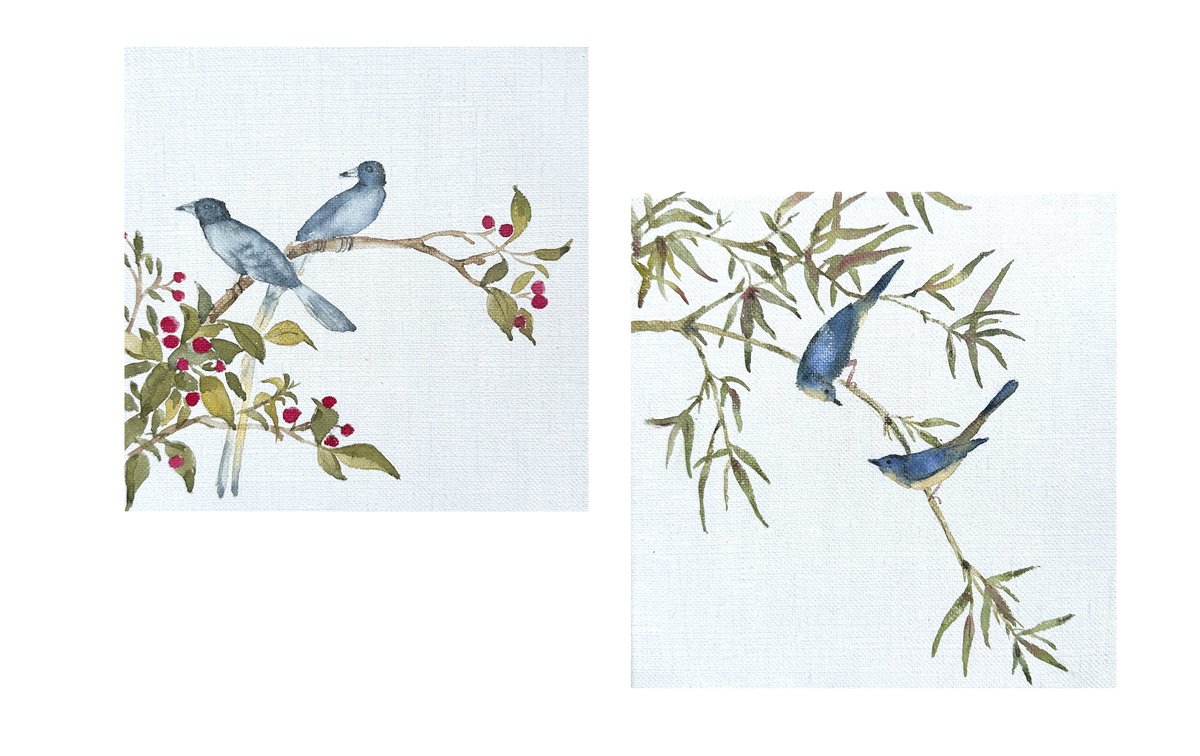 Impressionistic Painting , Set Of 2 Birds On A Branch By Irina Anis, 16 X 11, Artwork For Sale On Artfinder