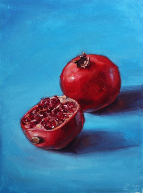 Pomegranate on a blue background by Catherine Braiko
