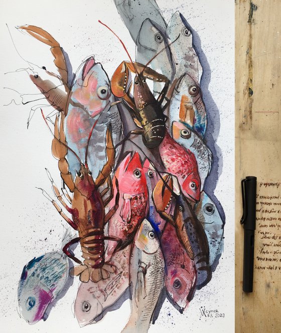 Fish and crayfish. Fish drawing