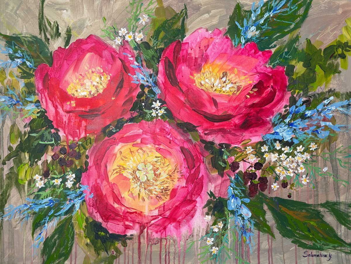 Peonies in the garden by Yevheniia Salamatina