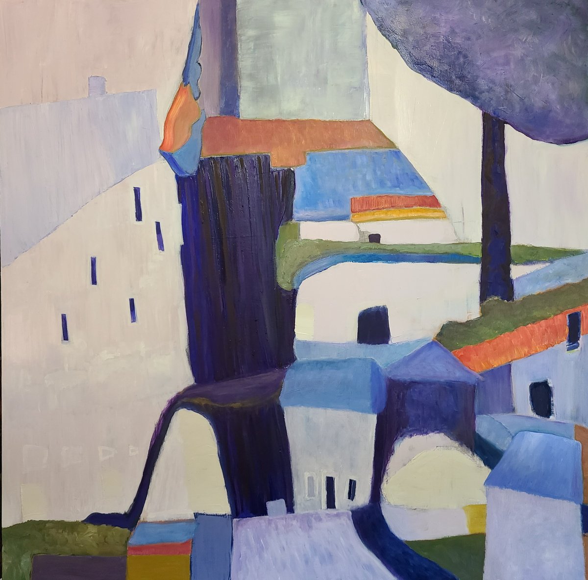 Geometric Cityscapes Oil Painting By Stacy Neasham, 48 X 48", The Hamlet, Original Artwork