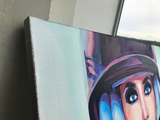 VOISE - oil painting home decor feminism woman in helmet purple eyes blue