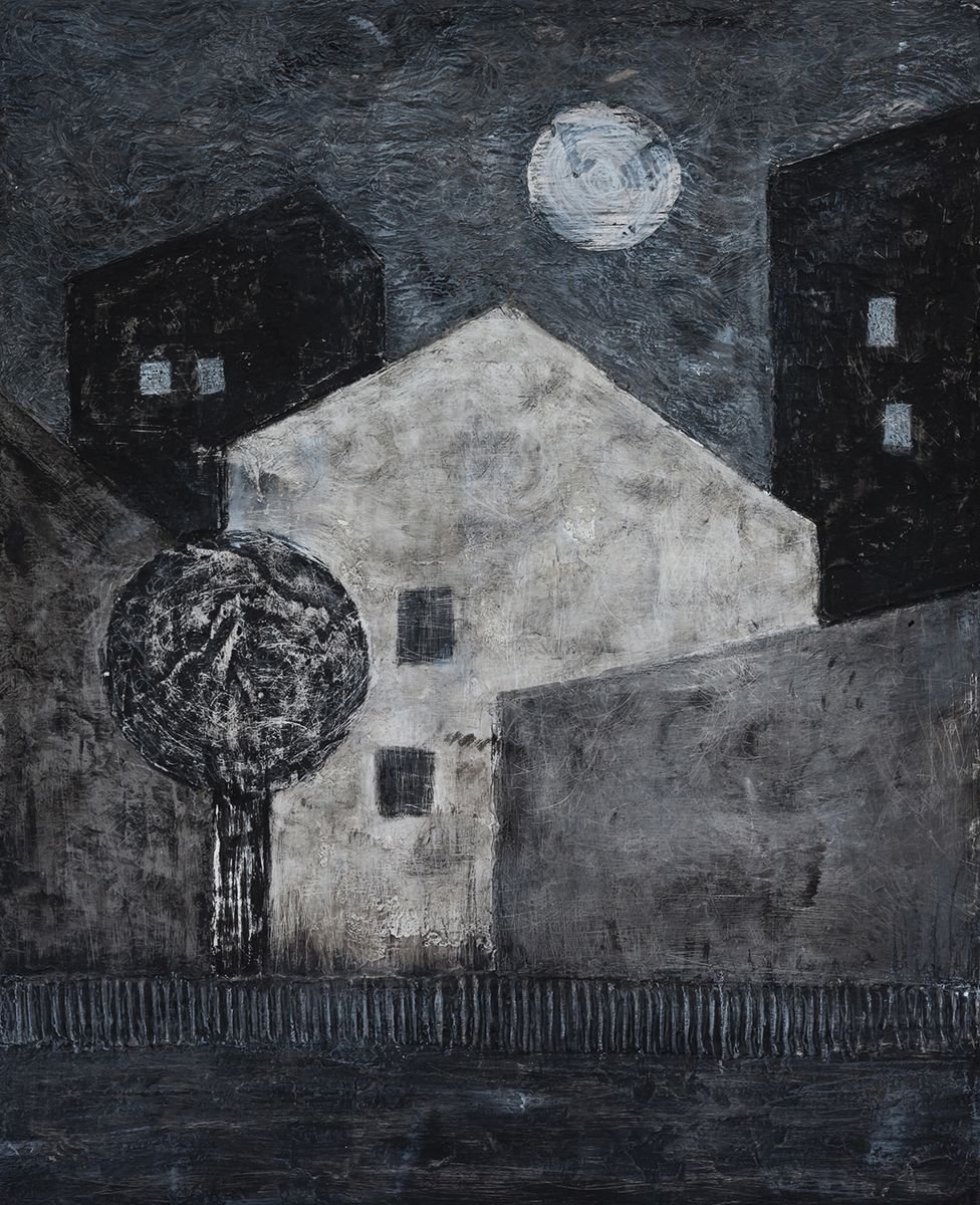 Moonlight over the City - monochrome mixed media painting by Peter Zelei