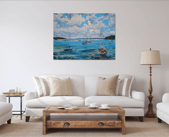 Morning on the bay (mixed-media, acrylic and gold leaf) (36x48x1.5")