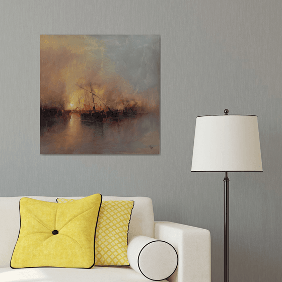 " Harbor of destroyed dreams - Hazy morning " W 70 x H 70 cm