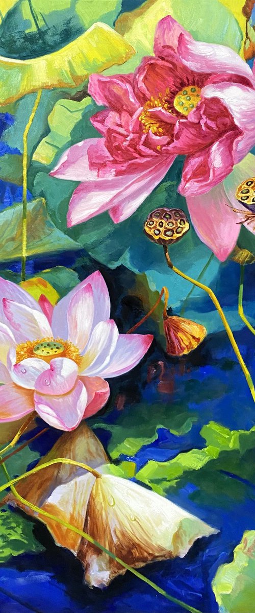 Still life oil painting:Lotus t183 by Kunlong Wang