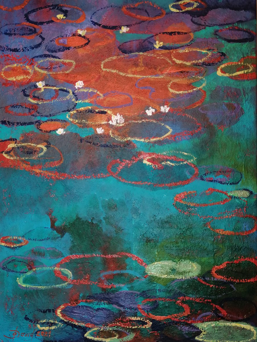 Impressionistic Botanical Painting By Olga David, 24 X 31", Old Pond In The Park, Original Artwork