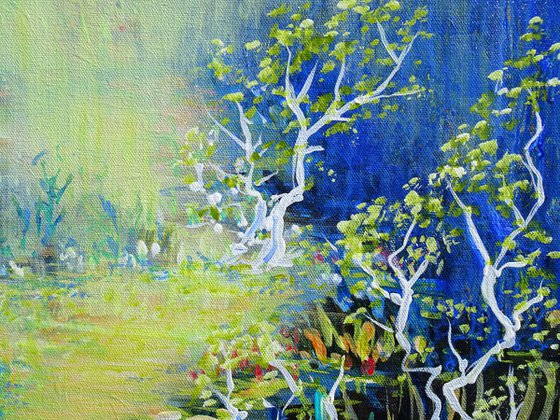 Enchanted Magic Blue Forest. Abstract Landscape Pond Forest Acrylic Painting on Canvas Blue Garden 51x51cm