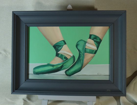 Green Ballet Shoes, Figurative Oil Painting, Ballerina, Dance, Framed and Ready to Hang