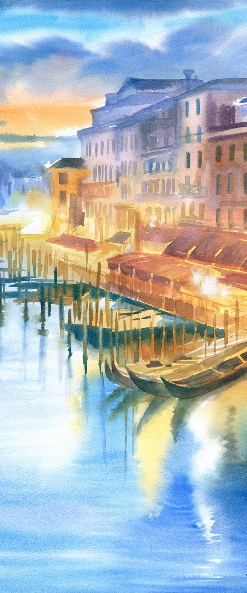 Night Venice Italy Original Watercolor cityscape Gift Anniversary home decor canals gondolas by Julia Logunova