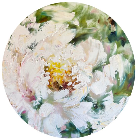 PIONOMANIA - Peony. Floral decor. White flower. Flowering. Unusual. Round painting. Pastel colors. Close-up.