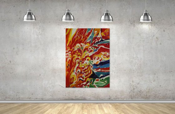 HIMALAYAS, THIRST FOR LIFE - Abstract art, large original painting, oil on canvas,  red orange bright, home interior office decor,  Tibet Himalayas