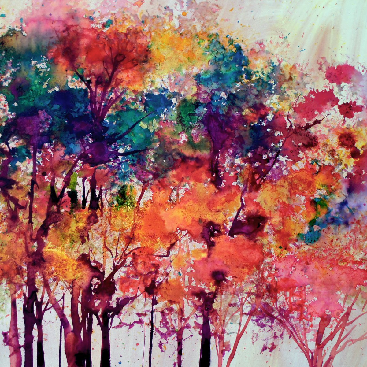 Impressionistic Landscape Painting By Julia Rigby, 15 X 15", Sunlit Trees, Original Artwork