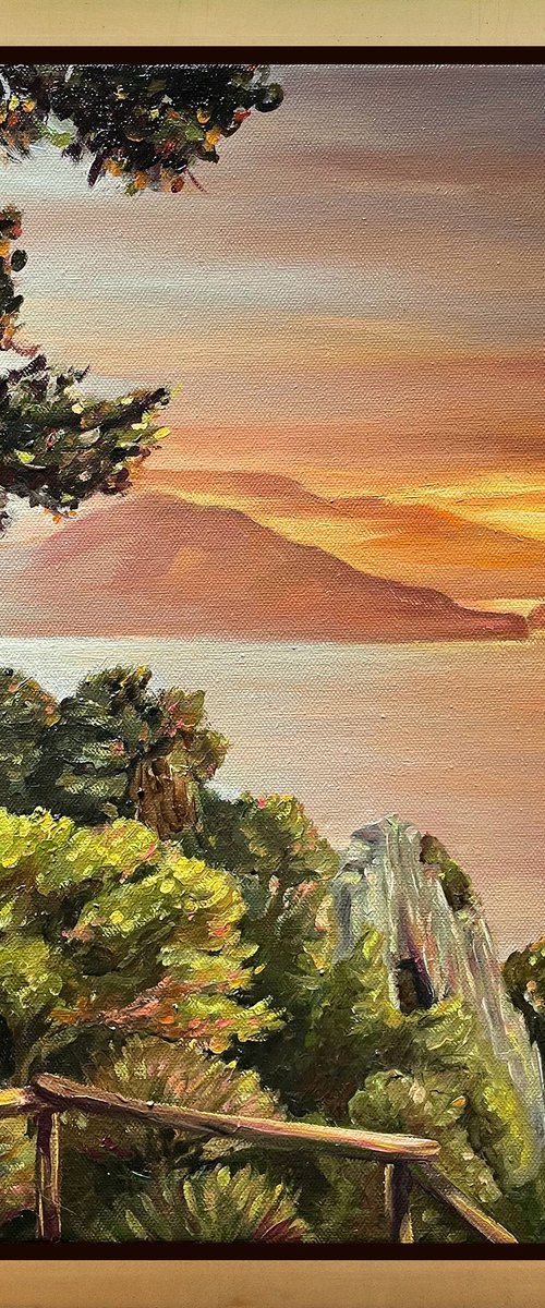 CAPRI SUNSET, Original Italian Landscape Square Horizon Oil Painting by Nastia Fortune