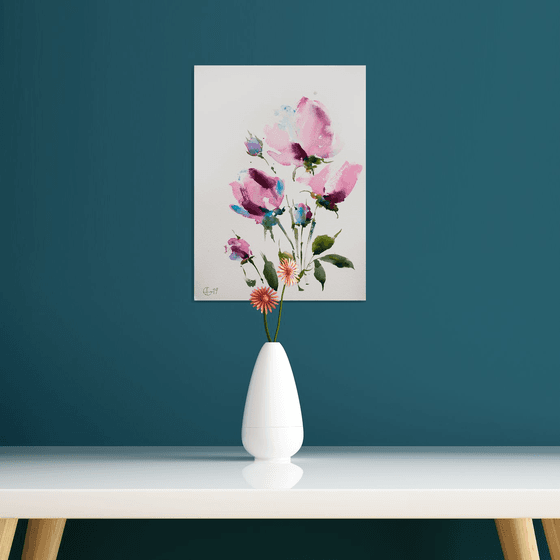 Flowers abstract. Small original painting with pink flowers organic gift interior decor provence