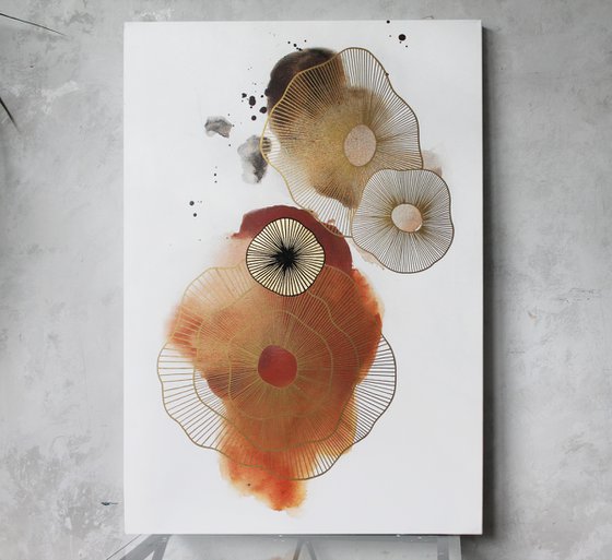 "Golden Molecules 4" Gold orange minimal art