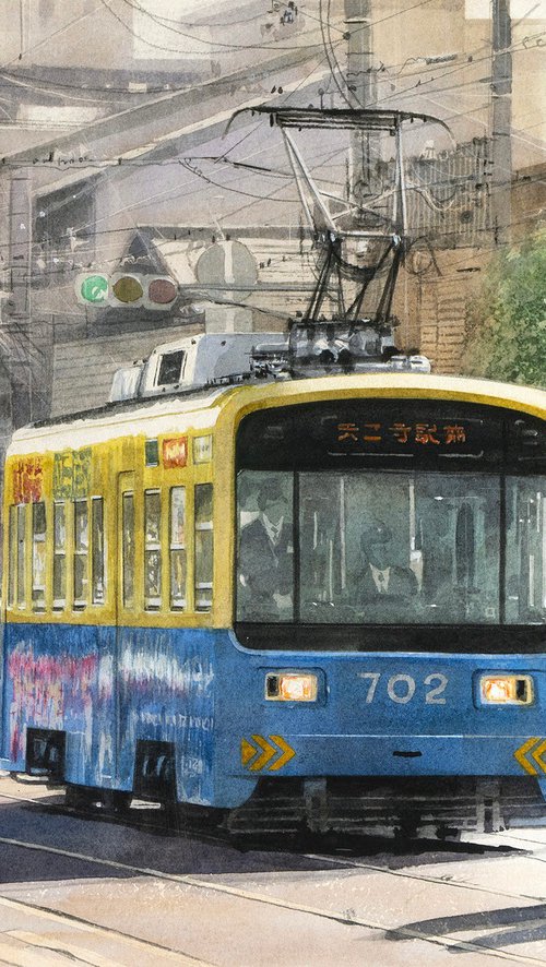 Approaching Tram No. 702 - 40x30cm Watercolor by Masato Watanabe