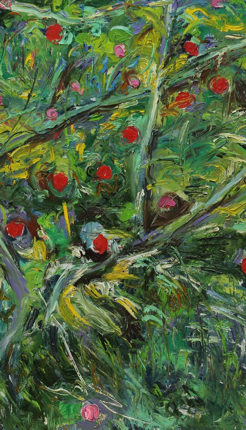 OVERGROWN ROSEHIPS - XXL Large Floral Art - original painting plants trees landscape art green summer nature impressionism art office interior home decore 150x200 by Karakhan