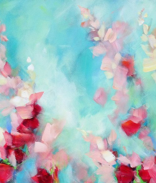 3D Textured Painting Large Flowers Teal Abstract Painting Coral White Green Red Floral Landscape. Tropical Botanical Garden Painting on Canvas. Modern Impressionism by Sveta Osborne