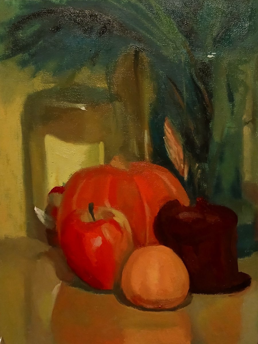 Impressionistic Still Life Oil Painting By Vasyl Koval, 12 X 16", Still Life With Pine Branches, Original Artwork