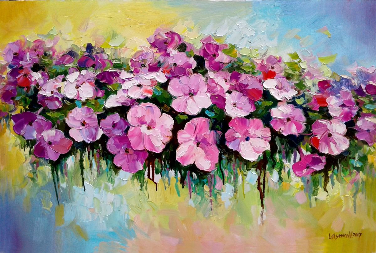 Abstract Botanical Oil Painting By Vladimir Lutsevich, 24 X 16", Petunia Flowers, Original Artwork