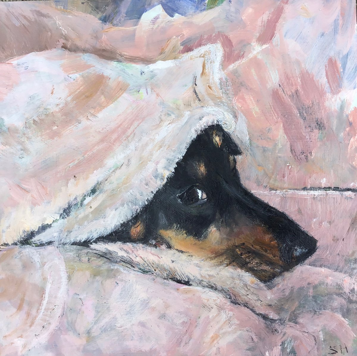 Impressionistic Animal Oil Painting By Sandra Haney, 12 X 12", Dachshund: Still Raining, Original Artwork