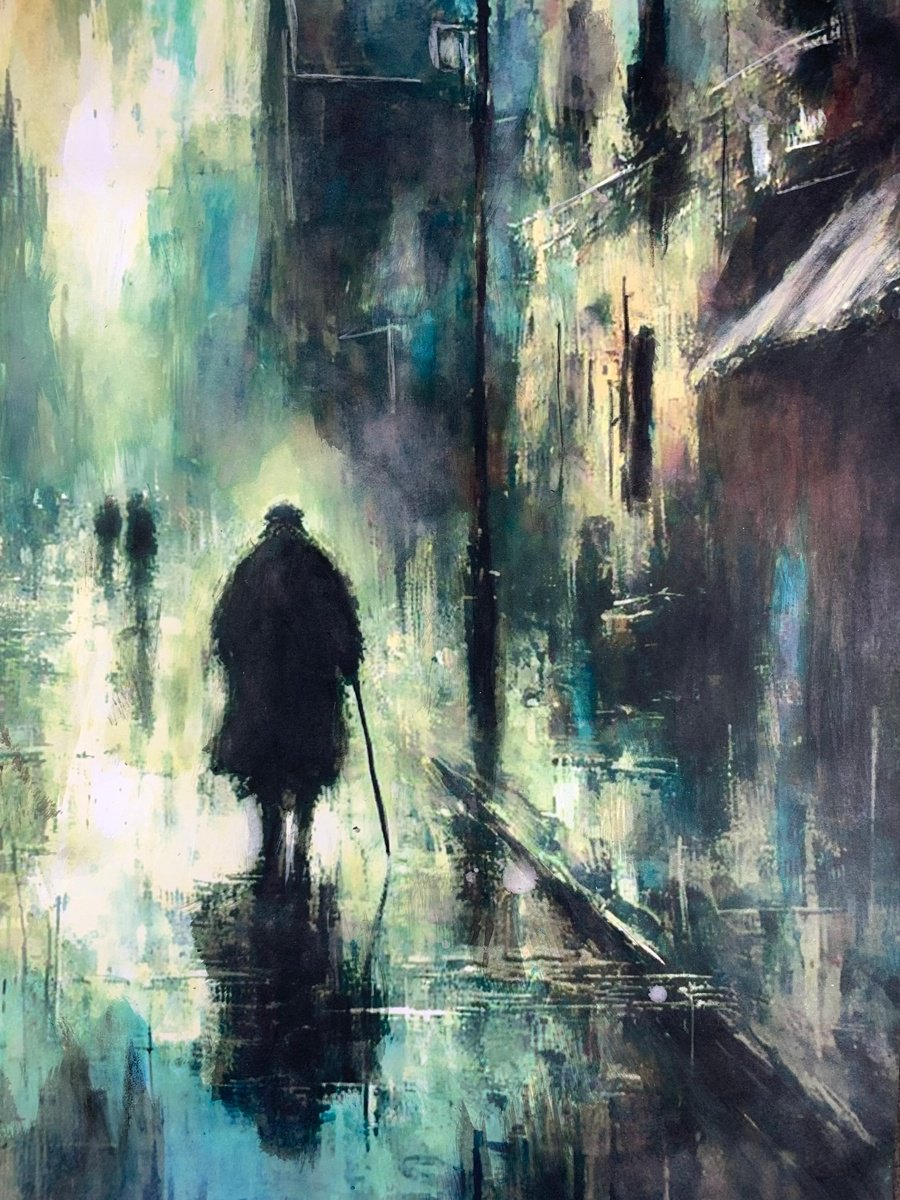 Impressionistic Cityscapes Acrylic Painting By Sinisa Alujevic, 12 X 17", The Wanderer Of Misty Streets, Original Artwork