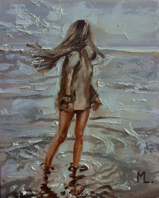 MONIKA LUNIAK " REFLECTION ... " original painting SEA SUMMER palette knife GIFT