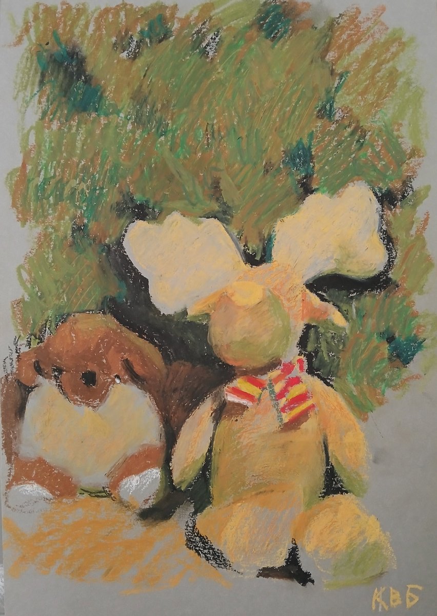 Graphic Still Life Pastel Drawing By Vasyl Koval, 8 X 12", Soft Toys, Original Artwork