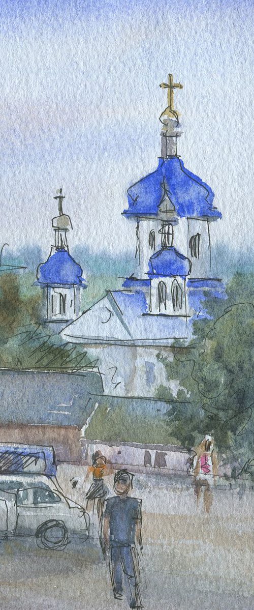 Small town. Etude with church / Study watercolor Small size wall decor by Olha Malko