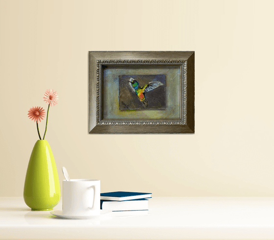 Fiery-throated Hummingbird oil painting on gessoed masonite mounted on gessoed panelboard silver gold frame 5x7