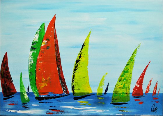 Yachting  - abstract acrylic painting, canvas wall art, seascape painting, framed modern art