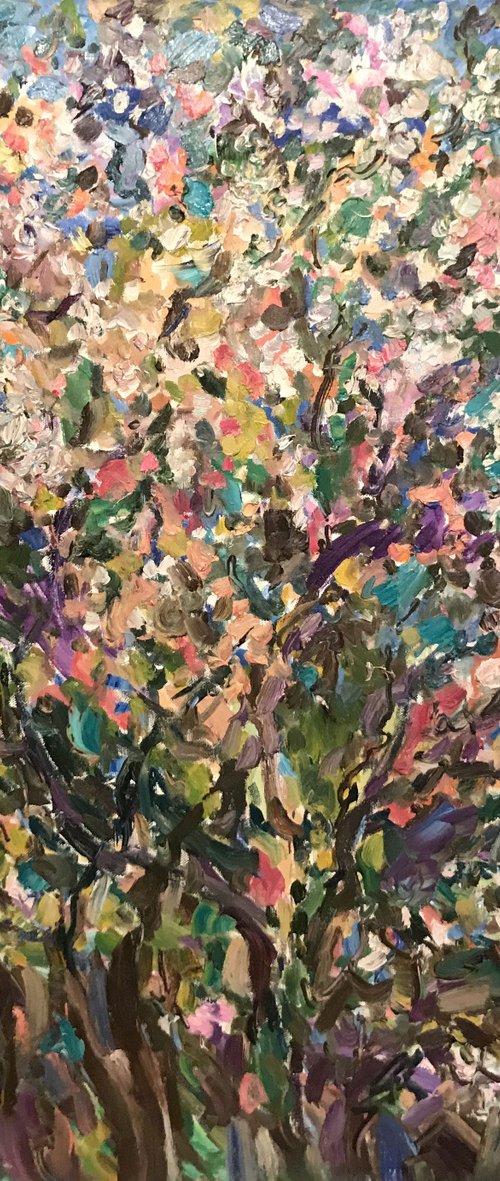 BLOOMING CHERRY - Floral art, large original painting oil on canvas, landscape, plant tree flower sky spring, flowering bush, interior art home decor by Karakhan